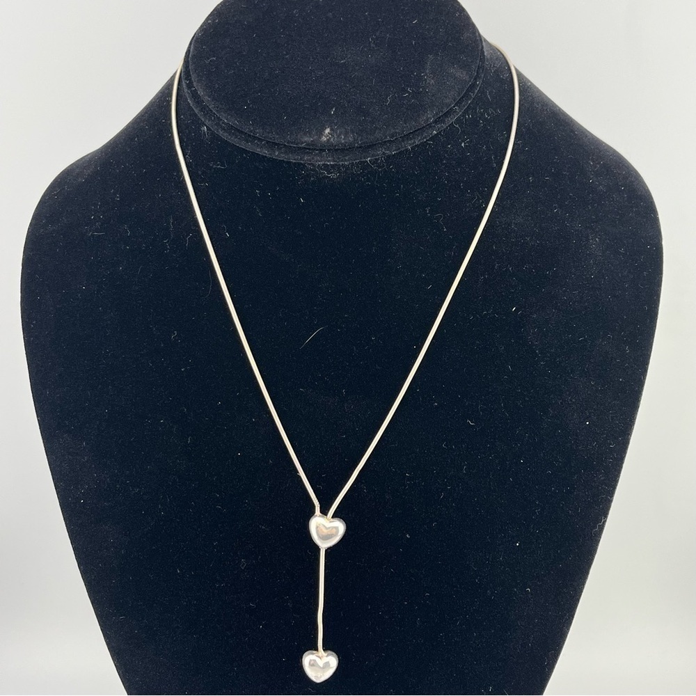 Silver 925 Italy Double Heart Lariat Style Adjustable Length Drop Necklace